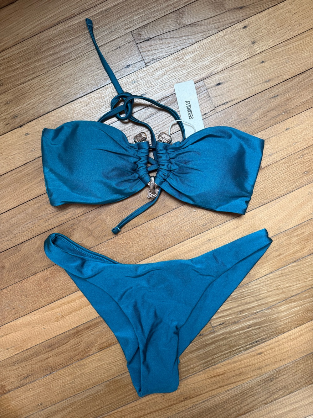 SeaMolly Strapless Teal Bandeau Bikini Set with Gold Accent - Picture 2 of 6